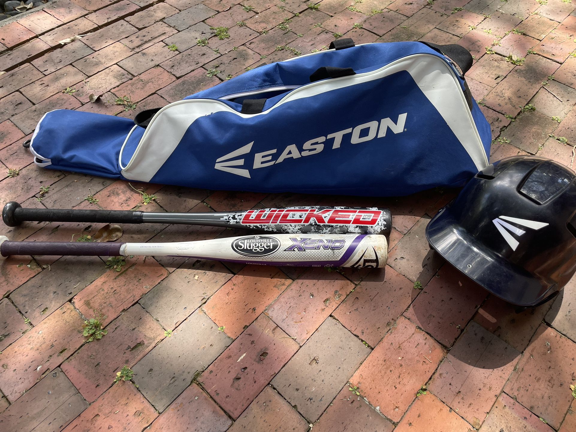 Easton Baseball / Softball Bag, Batting Helmet, 2 Youth Bats