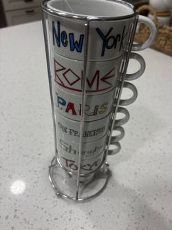 Set/6 World Market Stacking Coffee Mugs/Cups w/Storage Rack International Cities