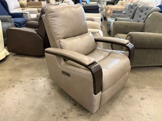 JASON FURNITURE Stone Grey Leather Power Recliner with Wooden Rail Arms and Adjustable Headrest