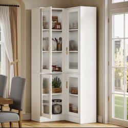 70.9" L-Shaped Bookshelf, 5-Tier Bookcase with LED Light and 4 Acrylic Doors