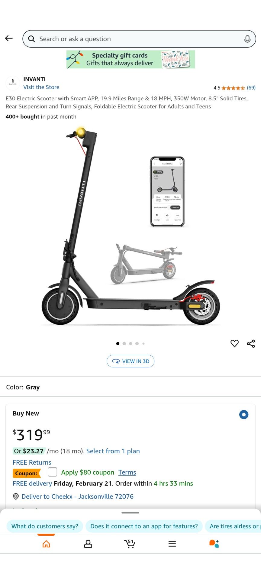 Very Lightly Used Invanti E30 Scooter..... I've Only Made 3 Or 4 Lol Trips With It .. 4.5/5 Stars On Amazon ....