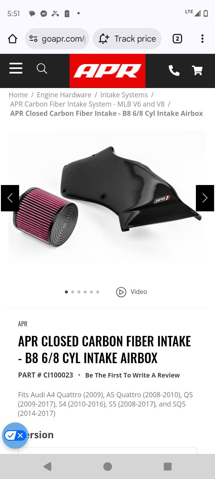 Audi Carbon Fiber Cold Air Intake