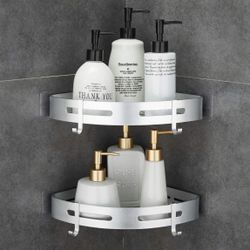 Hoomtaook Corner Caddy Bathroom Shower Shelf Wall Mounted No Drilling 2 Tier Storage Shelves Adhesive Triangle Baskets Silver Bathroom Kitchen Storage