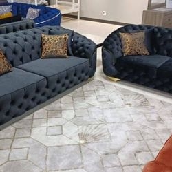 Only $25 Down! Velvet Tufted Sofa & Loveseat Living Room Set / Mueble En Pagos 