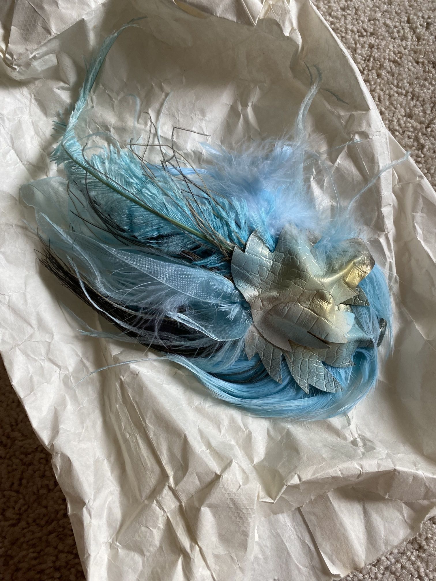 French Hair Barrette with Leather Leaves and Light Blue Plumage