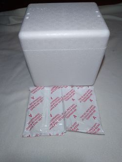 Styrofoam Insulated Cooler Shipping Box 12x11x9 exterior and 8x6x9 inside with 2 Ice Packs & Labeled Shipping Box