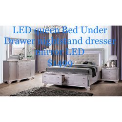 LED queen Bed under drawer nightstand dresser mirror