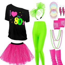 19 Pcs 80s Costume Set T Shirt Leggings Tutu Skirt Headband Necklace Bracelets Earrings Gloves Leg Warmers for Women