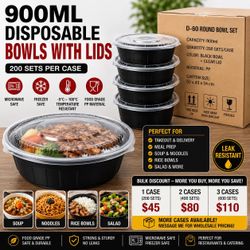 900ml Disposable Bowls with Lids – 200 Sets / Case