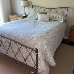 Queen bed frame with rails and box spring