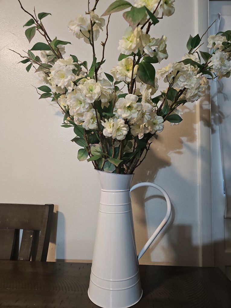 White Metal Vase With Flowers