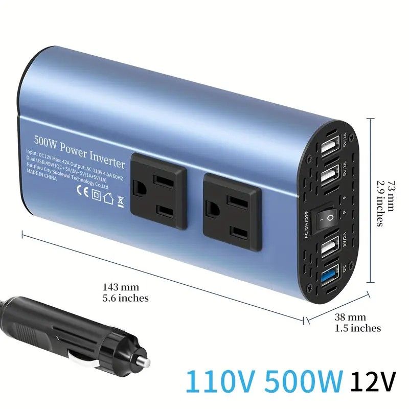 500w 12v to 110v Car Power Inverter AC USB