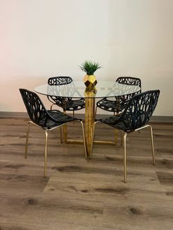 Stunning Round Glass Dining Set w/ Gold Chrome & Velvet Chairs