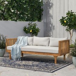 Patio sale Tina Outdoor 3 Seater Acacia Wood Daybed, Teak Finish, Light Grey