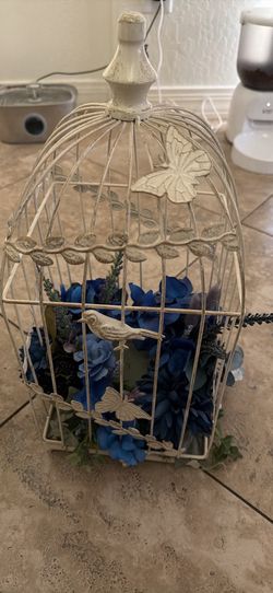 Decorative White Metal Birdcage with Blue Artificial Flowers