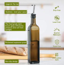 17oz Glass Olive Oil Bottle - 500ml Dark Brown Oil & Vinegar Cruet with Pourers and Funnel - Olive Oil Carafe Decanter for Kitchen Thumbnail