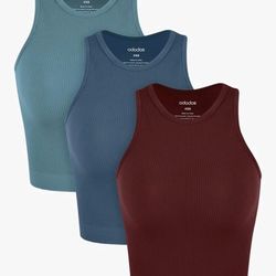 M/L ODODOS 3-Pack women'seamless Racerback Crop Tank , Ribbed Knit Soft Crop