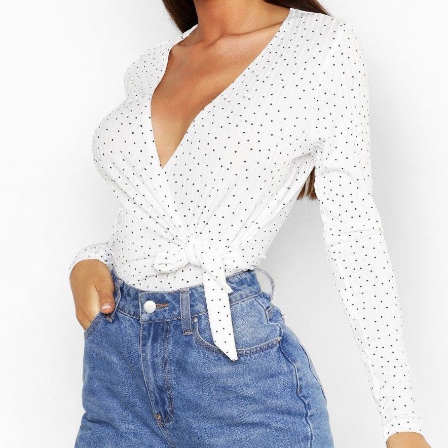 White And Black Polka dot Wrap Top Women’s Leotard Body Suit