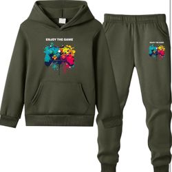 13-14 years old amy green Gaming Hoodie and Sweatpants Set Gaming Controller Print Design Two-Piece Athletic Wear