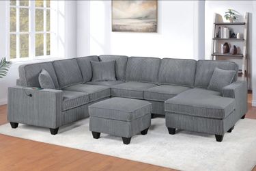 Brand New Grey Corduroy Sectional Sofa w Ottoman