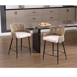❤️‍🔥outdoor indoor Woven Counter Height Bar Stools Set of 2 Beige Linen Counter Stools 26 Inch Farmhouse Barstools with Wicker Back Comfy Upholstered