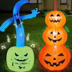 2 Set Halloween Inflatables Outdoor Decorations, Spooky Ghost on Pumpkin, Inflatable Three Pumpkins with Scary Sound, LED Light and RC for Halloween O