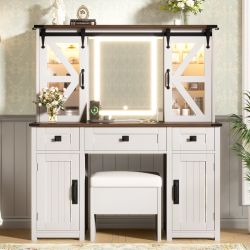 Homy Casa Briarhill 43" Farmhouse Vanity Desk with Lighted Mirror and Storage Stool