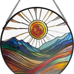 Sun Mountains Stained Glass Window Hanging, 9.8’’Sun Catcher Glass Panel Boho Wall Art Decor with Chain, Hand Painted Round Glass Gifts for Couples