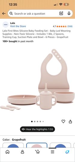 Lalo First Bites Silicone Baby Feeding Set - Baby Led Weaning Supplies - Non-Toxic Silicone - Includes 1 Bib, 2 Spoons, Training Cup, Suction Plate an