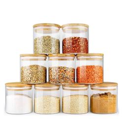 Glass Jars with Bamboo Lids (16oz in 9 Pack), Food Jars and Canisters Sets with lids, Food Storage Jars with Airtight Lids, Glass Pa NEW •Retails $44.