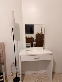 White Vanity Desk with Mirror and Drawer