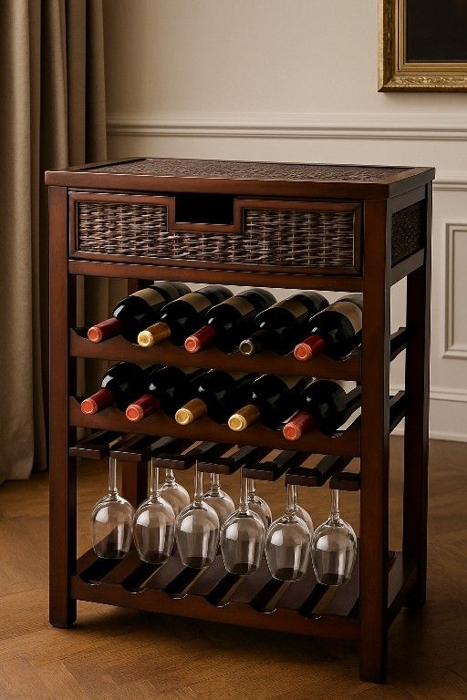 Elegant Wooden Wine Rack w/ Drawer – Good Condition! 🪵✨