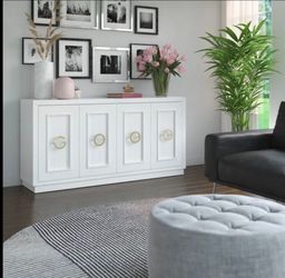 White 4-Door Sideboard Credenza with Gold Ring Pulls/Etta Avenue Carville Buffet Sideboard, 64 Inch