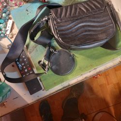 black faux leather quilted crossbody bag  adjustable strap And Zip Pouch Aditla