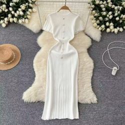 ✨ Elegant Pink Ribbed Knit Midi Dress for Women