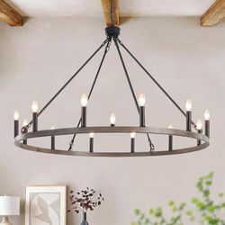 38 Inch Wagon Wheel Chandelier, 12-Light Farmhouse Fixture for a Dining or Great Room