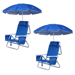 2-Pack Blue 7-Position Folding Beach Chairs with Umbrellas