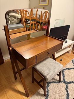 Wood Vanity Desk with Mirror and Stool