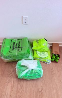 Everything: Bulk Neon Green Tote Bags, Trucker Hats, 4 Shirts, 2 Tables cloths and Stress Balls