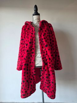 Red Black Spotted Faux Fur Coat
