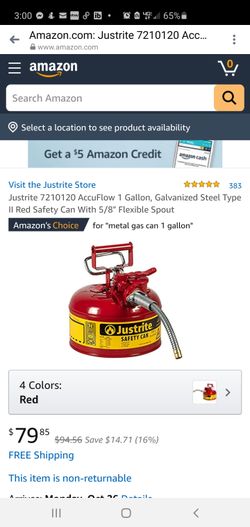 Justrite 7210120 AccuFlow 1 Gallon, Galvanized Steel Type II Red Safety Can With 5/8" Flexible Spout