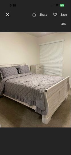 White Wood Sleigh Bed Frame, chest, night stand