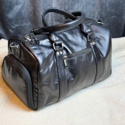 Premium Black Genuine Leather Mini Duffle Bag Travel Gym 