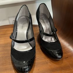 Anne Klein Sweetpea Suede Croc MaryJane Black Sz 10 Closed Toe 3 Inch Heels Pumps