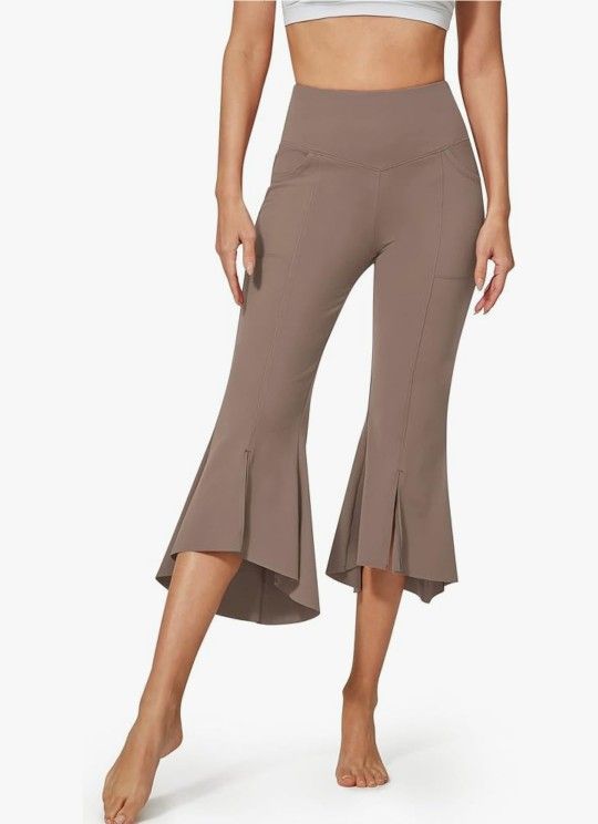 G4Free Capri Pants for Women Stretch Yoga Dress Pants with Pockets Ruffle Bell Bottom Athletic Work Leggings
