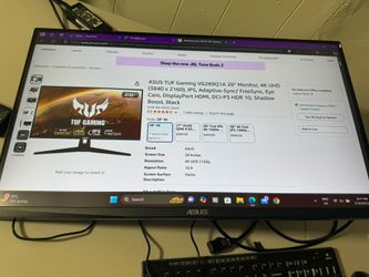 ASUS TUF Gaming VG289Q1A 28” Monitor, 4K UHD (3840x2160), IPS, Adapter-Sync/FreeSync, Eye Care, Display Port HDMI, DCI-P3 HDR 10 Shadow Boost, Black