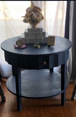Round Navy Blue Wood Table with Drawer 30in Diameter & 26.4in Tall