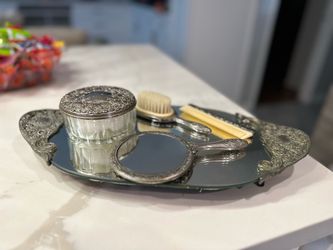 Antique Silver Vanity Set with Mirrored Tray