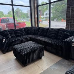 New Black Fluffy Sectional With FREE ottoman