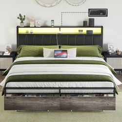 King Bed Frame w/ LED Lights, USB & Storage Drawers – NEW